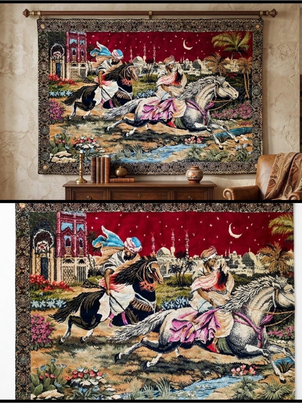 Vintage Arabian Nights Velvet Pictorial Tapestry Wall Hanging Rug Large 68”x46”